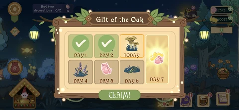Gift of the Oak daily rewards screen with plants and resources