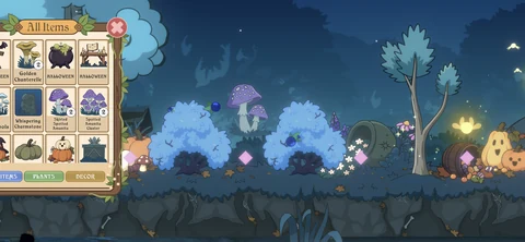 Decorations inventory beside a grove filled with glowing flowers and Halloween decorations