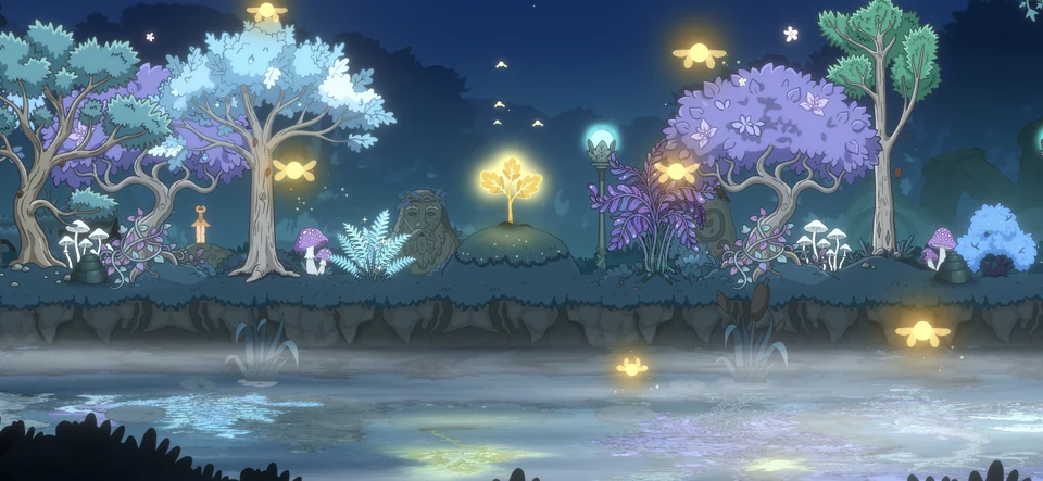 A fully decorated grove with magical trees, flowers, glowing fireflies, and a golden tree