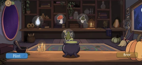 Witch's Cauldron gameplay showing potion ingredients and the brewing cauldron