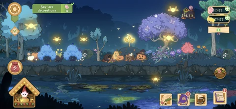 Lumen Grove gameplay showing glowing plants, fireflies, pumpkins, and the forest hub