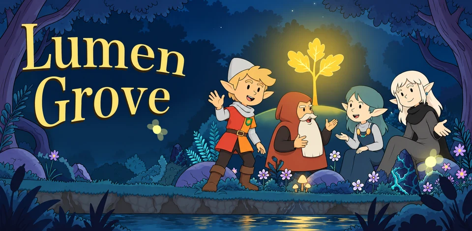 Lumen Grove promotional artwork with the game title, forest characters, and a glowing magical tree