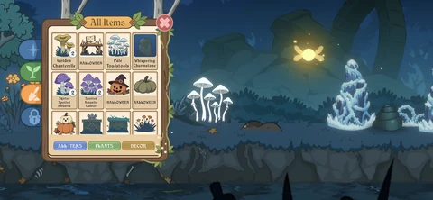Decorations collection beside mushrooms, a fountain, and cursed stones in the grove